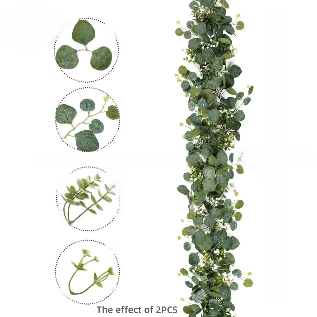 A vertical arrangement of artificial simulation vine garland featuring various leaf shapes and textures for decor.