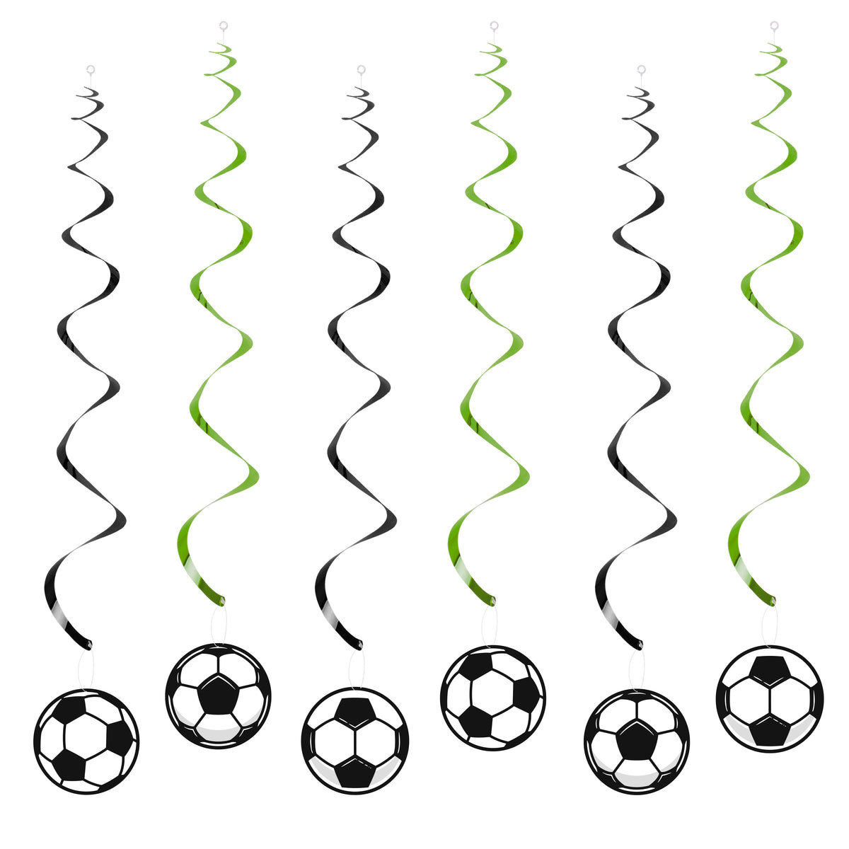A set of five black and green wavy balloons shaped like soccer balls hanging from strings.