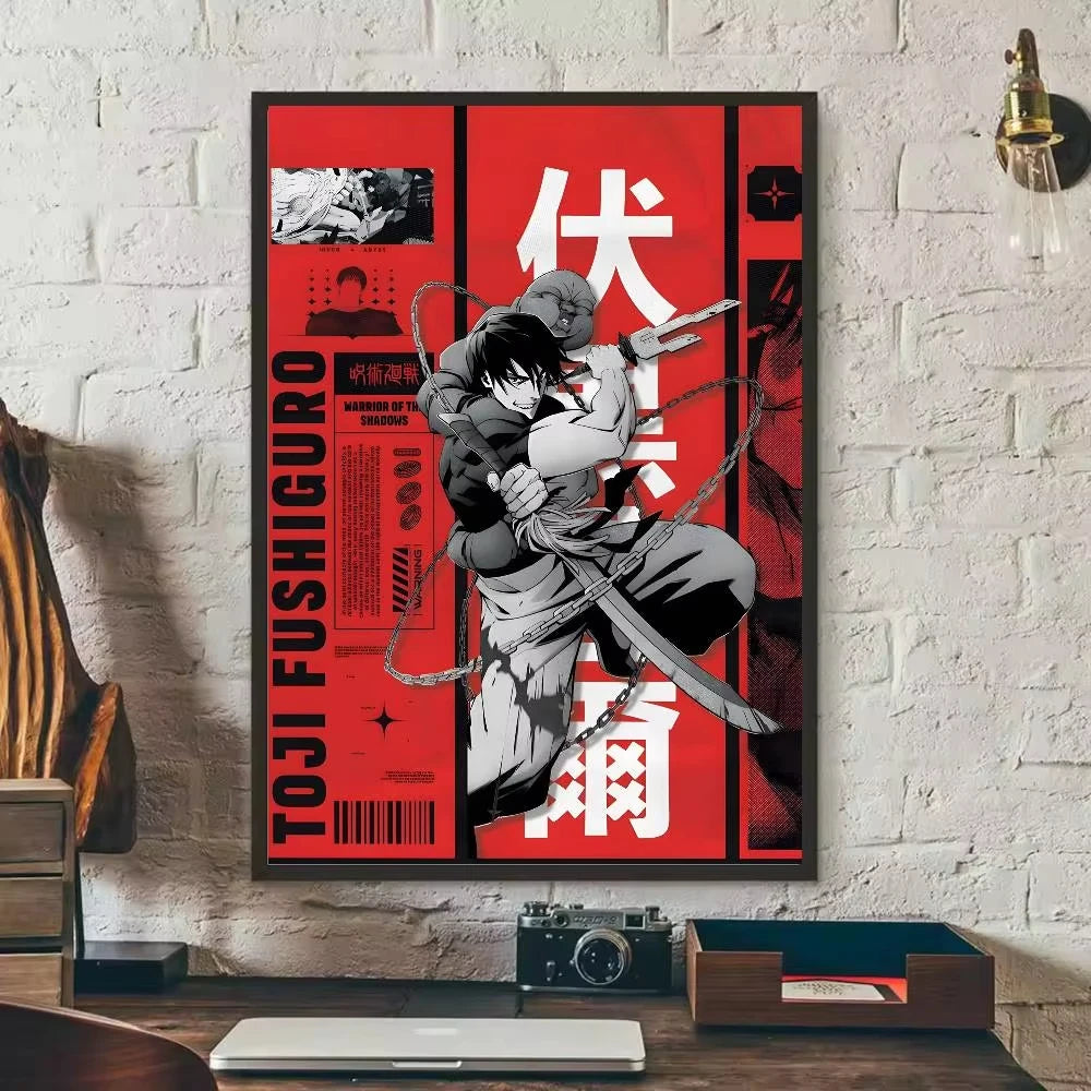 Anime canvas art poster featuring Toji Fushiguro in a dynamic pose against a red background