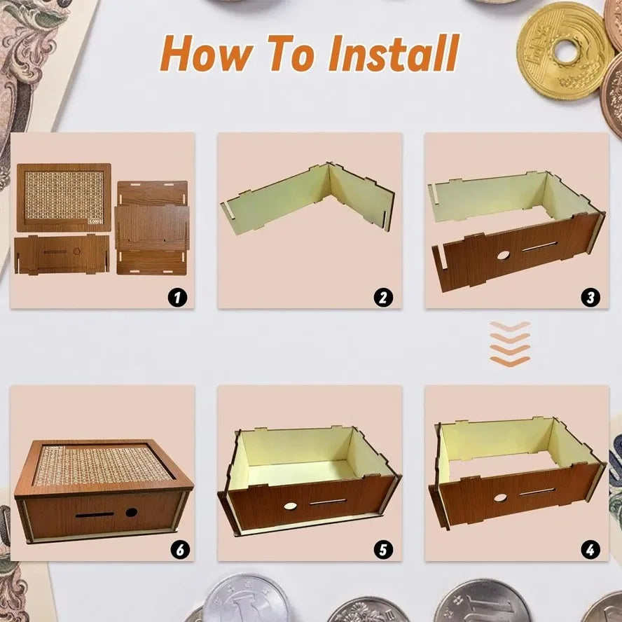 Instructions étape par étape pour installer une boîte d'épargne en bois.