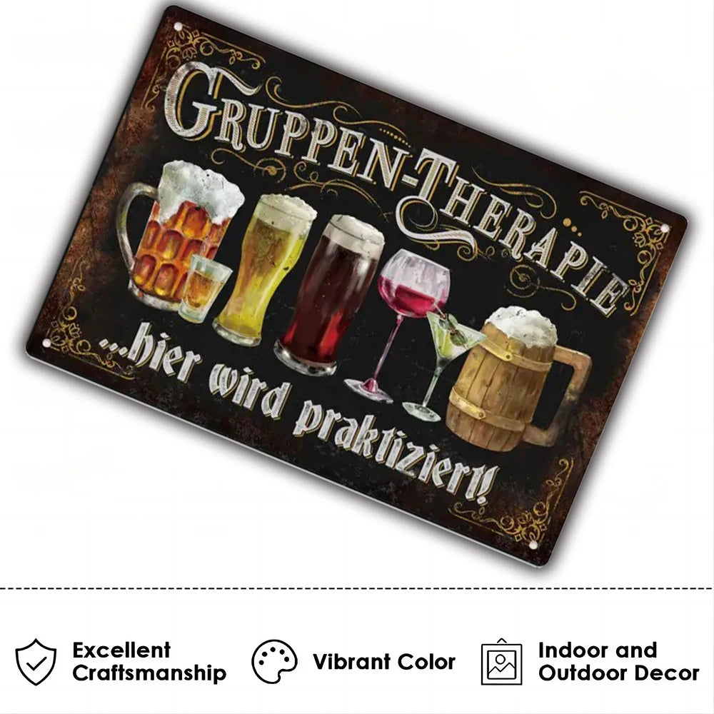 Vintage beer metal tin sign with German text and illustrations of beer glasses and mugs for wall decor