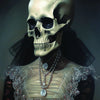 A dark portrait of a human skull wearing a black veil and ornate silver jewelry.