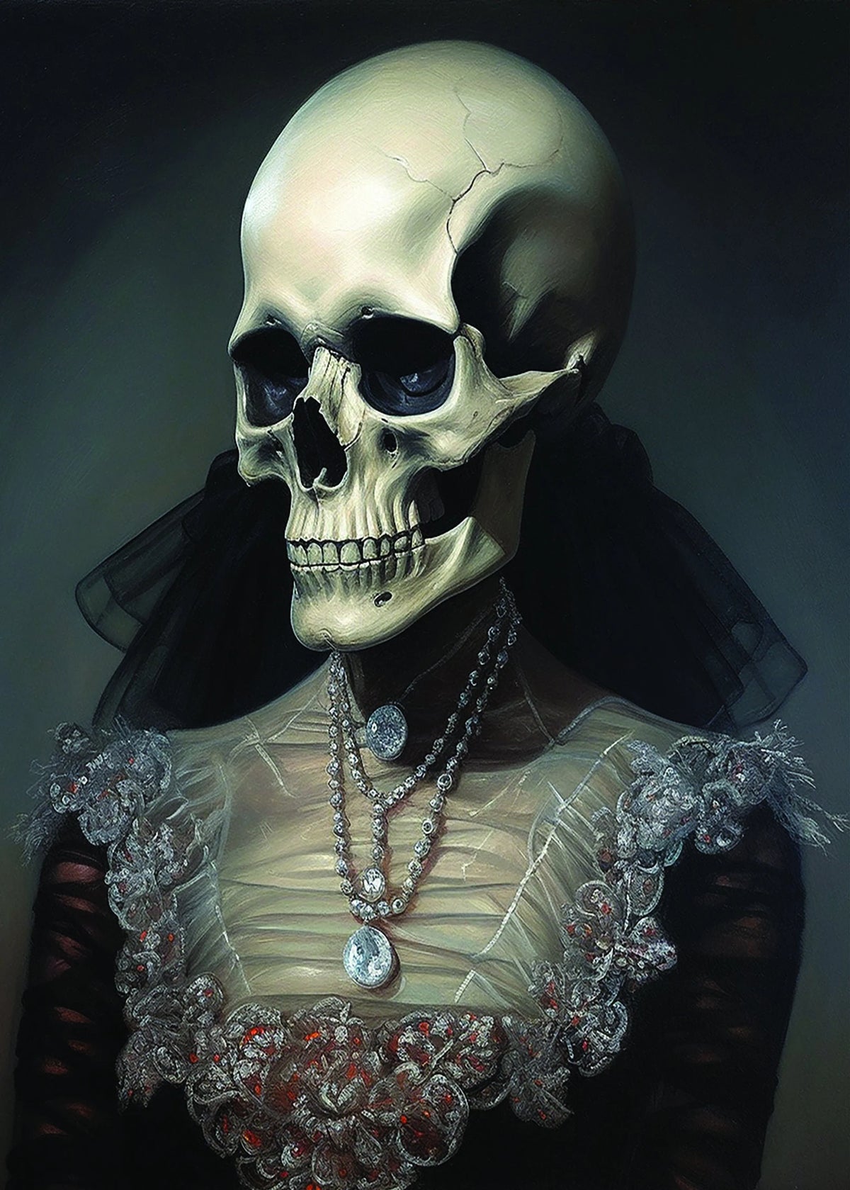 A dark portrait of a human skull wearing a black veil and ornate silver jewelry.