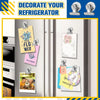Decorating ideas for a refrigerator featuring magnetic clips and floral decorations