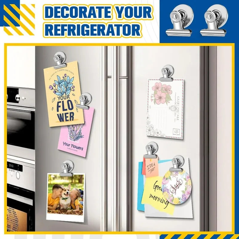 Decorating ideas for a refrigerator featuring magnetic clips and floral decorations