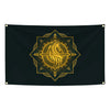 A dark banner featuring a gold-colored geometric design with a stylized horse head in the center.