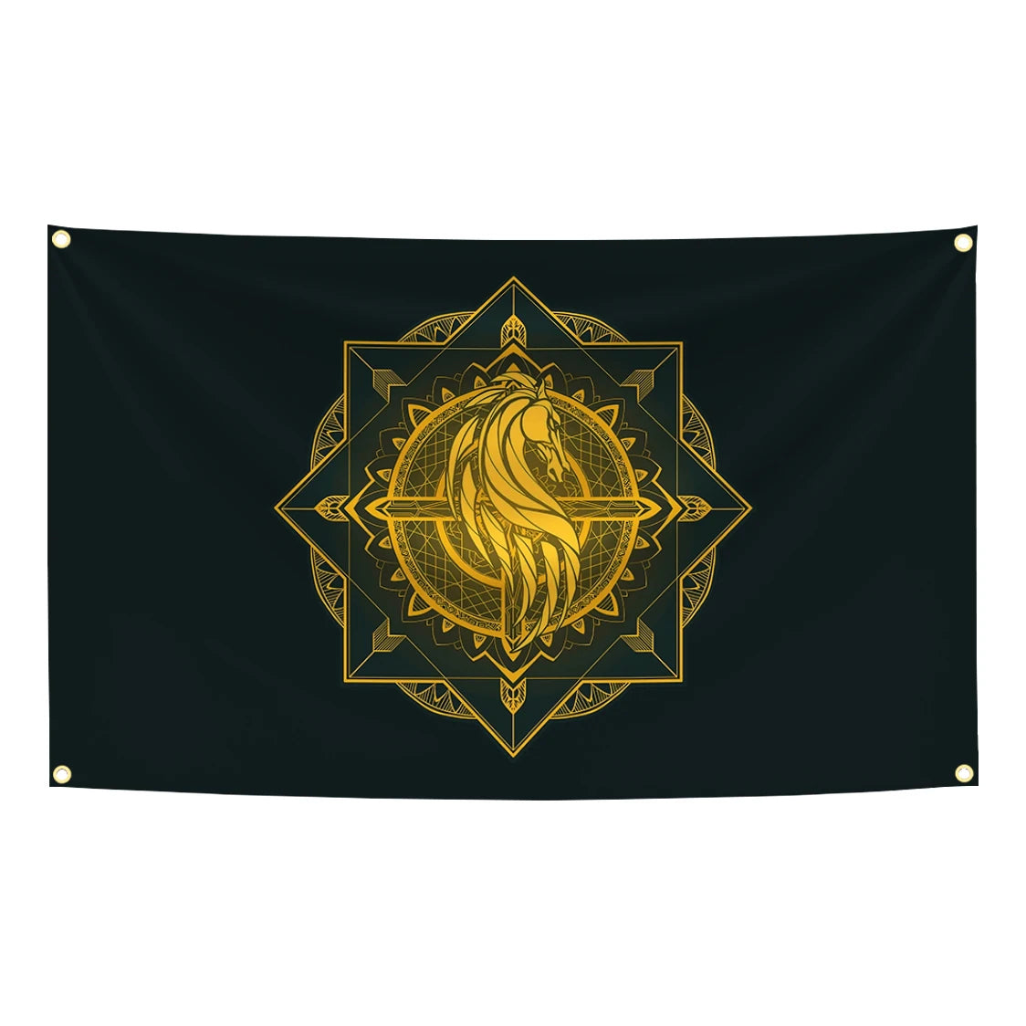 A dark banner featuring a gold-colored geometric design with a stylized horse head in the center.