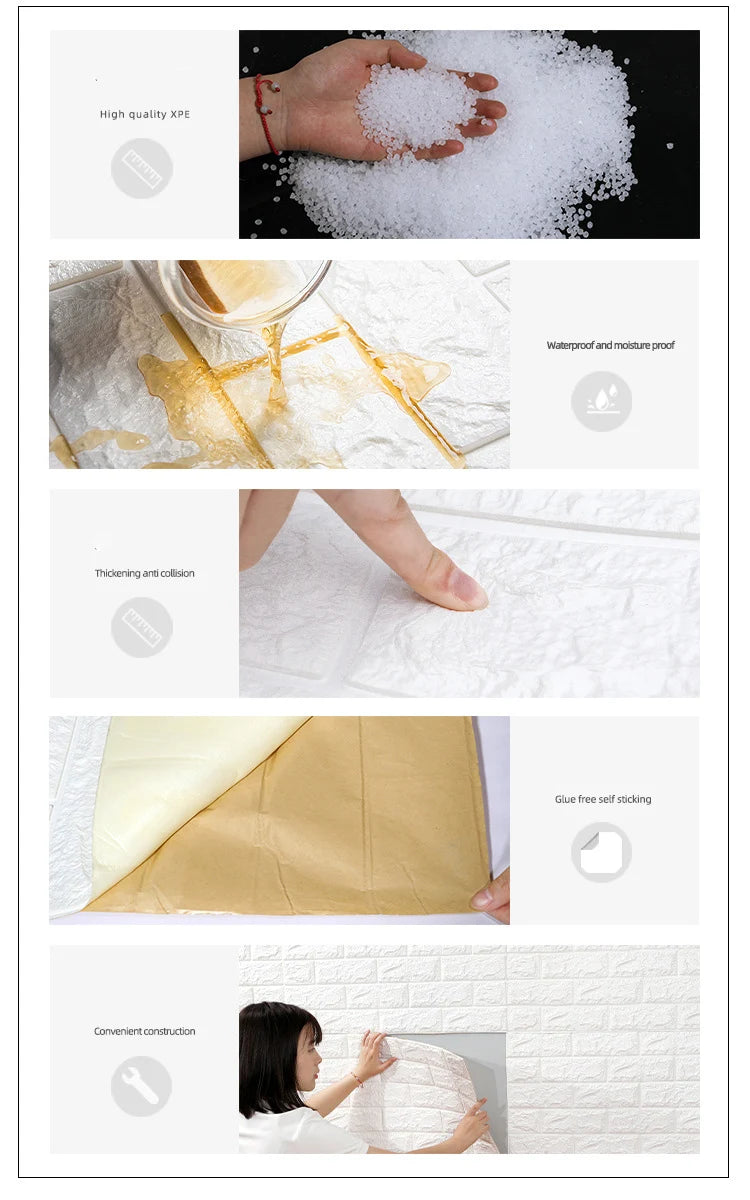 Various views of self-adhesive 3D foam wall panels showing texture, waterproof properties, and convenient installation.