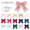 A color guide showing various satin ribbon bows in shades of pink, beige, white, and blue.