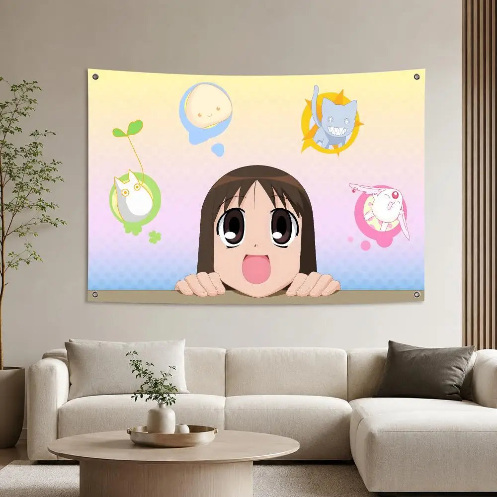 A vibrant anime wall tapestry featuring characters from Azumanga Daioh on a light background.