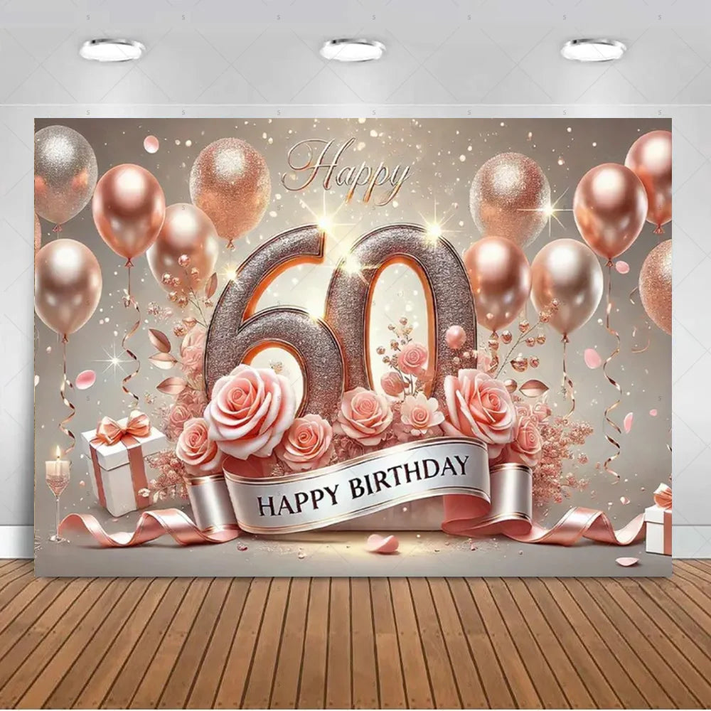 A glamorous balloon backdrop for a 60th birthday featuring gold, pink, and rose-colored balloons and glitter accents.