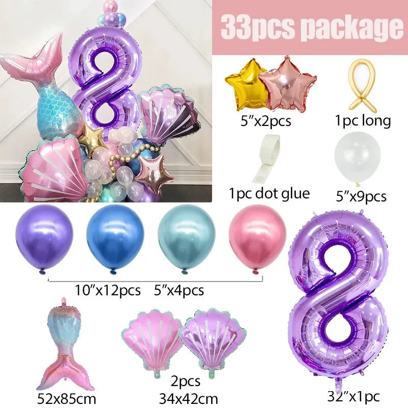 A 33 piece package of mermaid shell and number balloons in purple, pink, and blue for under the sea party decor