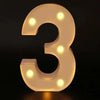 A glowing white luminous LED alphabet night light shaped like the number three.