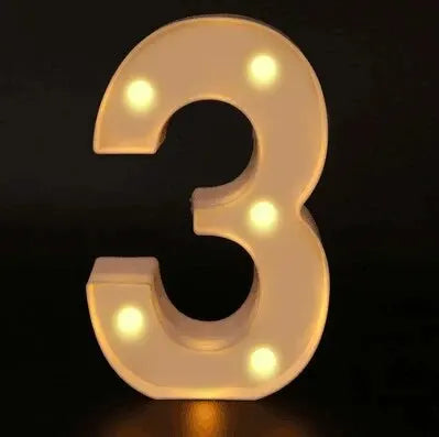 A glowing white luminous LED alphabet night light shaped like the number three.