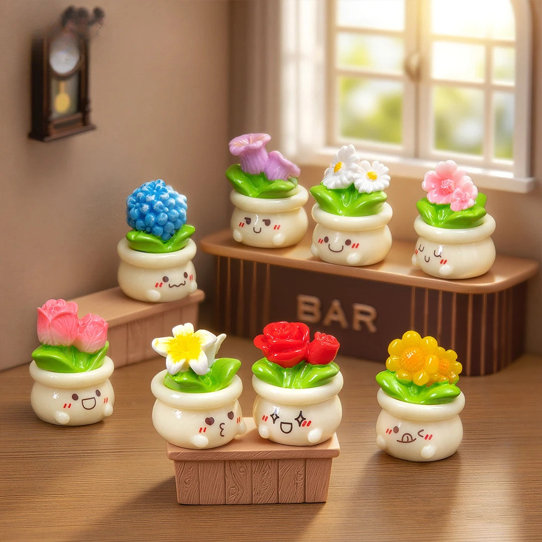 A collection of small potted rose resin charms in various colors like purple, white, pink, and yellow displayed on a wooden s