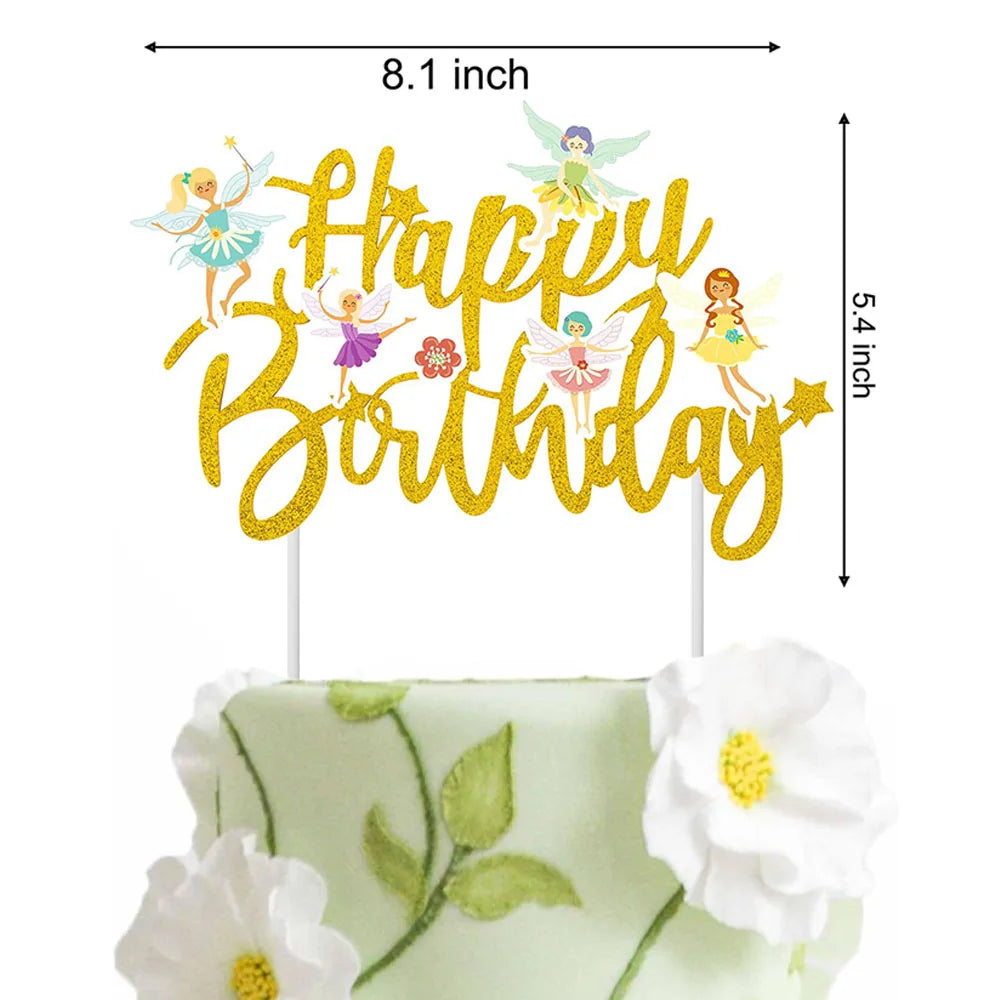 Gold glitter birthday sign with fairy toppers on a white cake