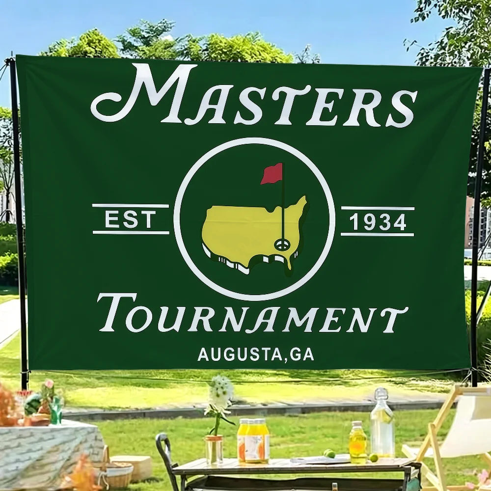 Banner verde oscuro para un torneo con la palabra MASTERS y el año 1934, con la silueta de un mapa estatal.