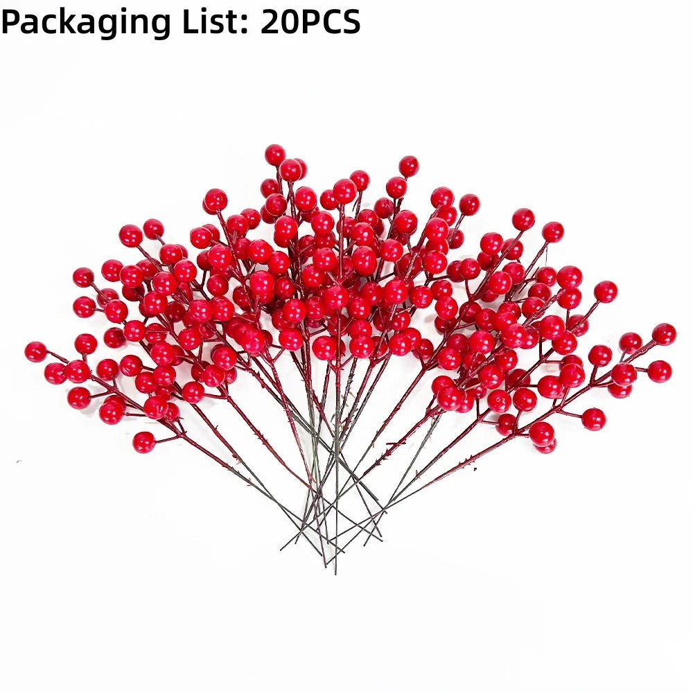 A cluster of bright red artificial Christmas berry stems with pine branches.