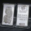 A silver bullion bar replica featuring a profile of a woman and the word SUISSE on the packaging.