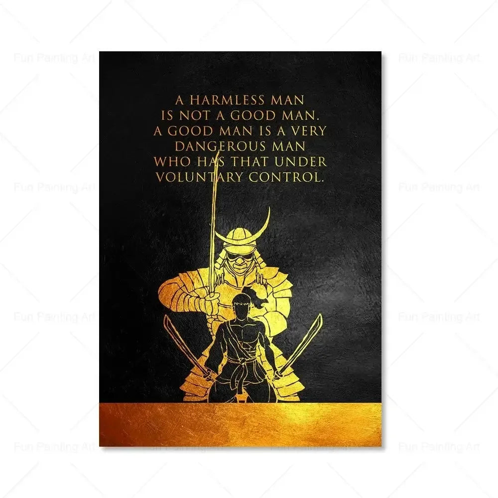 A black canvas print featuring a quote about a harmless man not being a good man and a good man being dangerous.