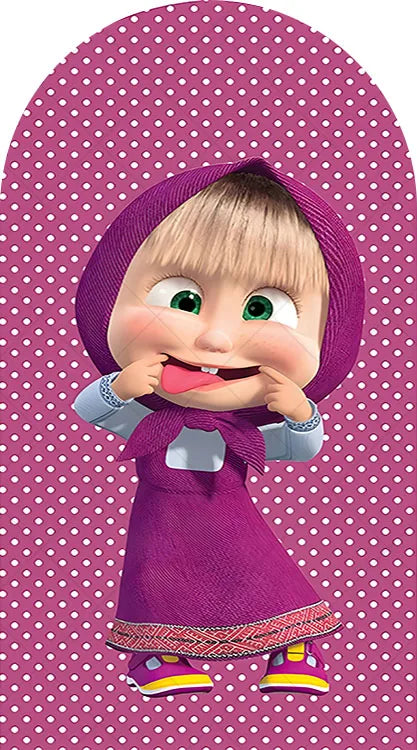 A cute girl character wearing a purple hood and dress is featured against a pink polka dot background.