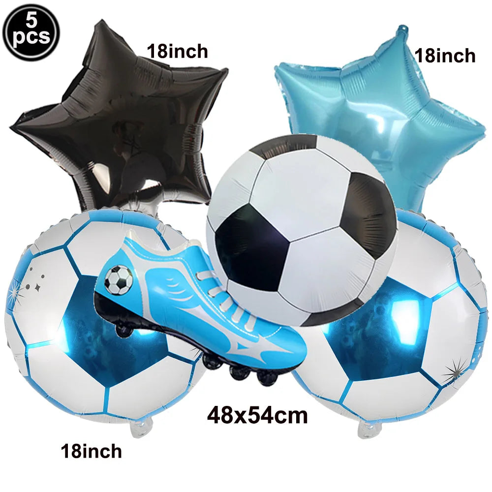 Five inflatable soccer balls and a football-themed boot balloon set for party decor