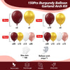 Kit for a 150 piece balloon garland arch featuring burgundy, gold, and white balloons with glue dots and strips