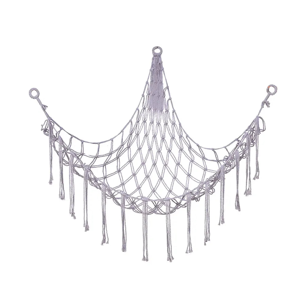 A light gray multi-use storage hammock for toys and plushies with a draped, netted design.