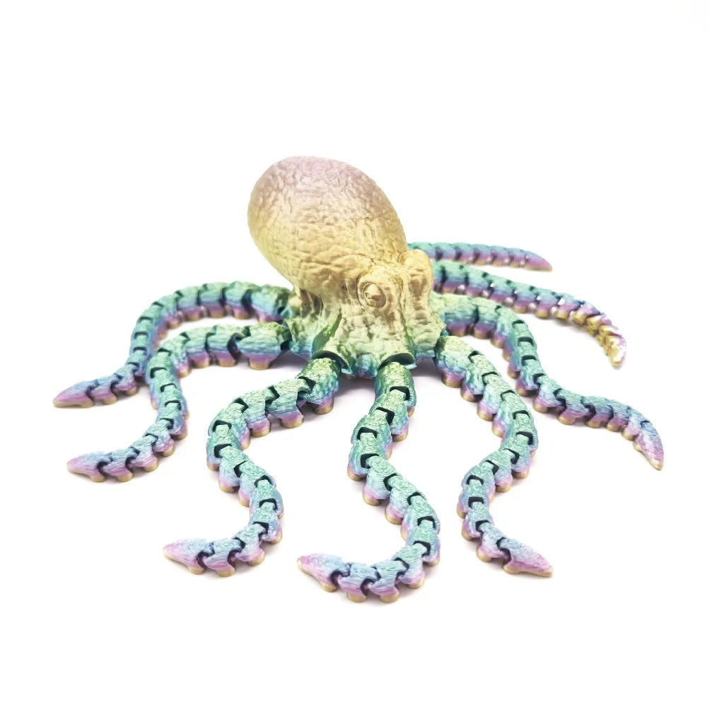A detailed, articulated 3D printed octopus figurine with mottled green and purple tentacles.
