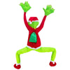 Green monster costume featuring bright green fuzzy hands and a red shirt with a green gift bag detail