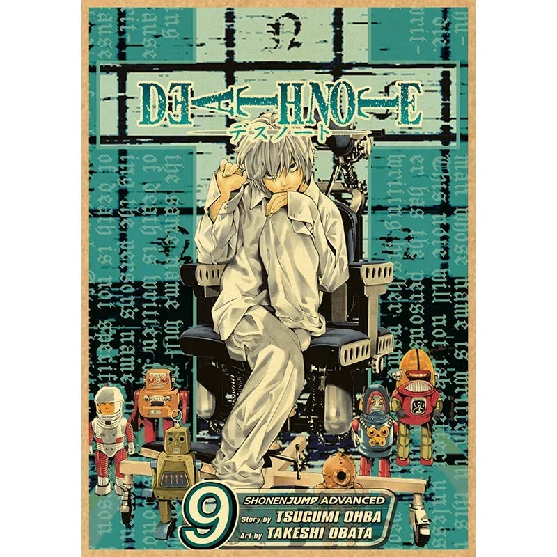 Anime canvas wall art featuring Death Note characters and text on a vertical poster.