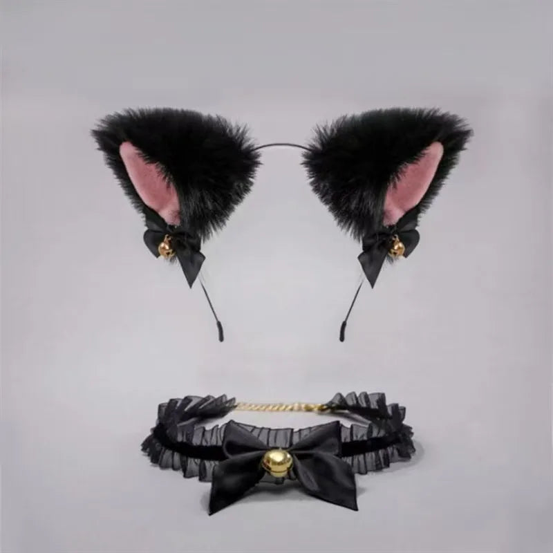 Black faux cat ear headband and matching black velvet bell choker set
