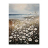A painting depicting a field of white wildflowers and tall grasses against a muted sky and ocean horizon.
