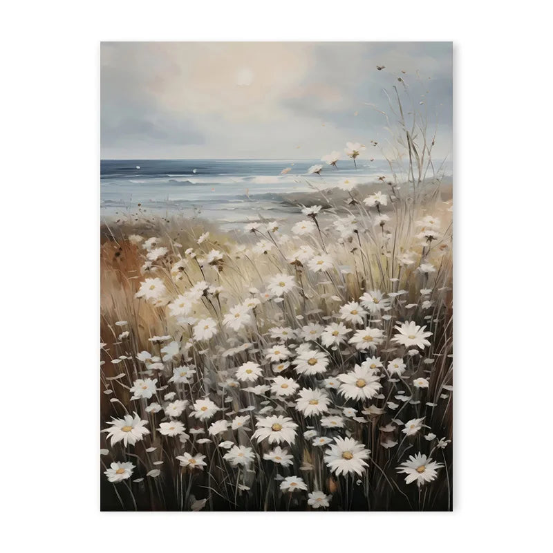 A painting depicting a field of white wildflowers and tall grasses against a muted sky and ocean horizon.