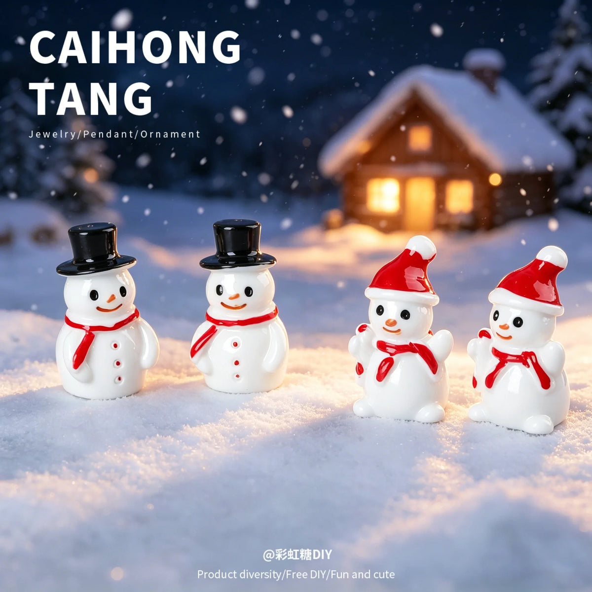 Four white resin snowman figurines wearing black top hats and red scarves standing in snow.