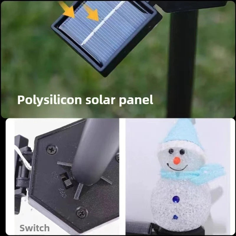 A polysilicon solar panel switch and a snowman light featuring an LED face and blue scarf.