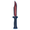 A realistic bloody knife prop with a dark handle and a sharp blade.