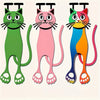 A set of three decorative acrylic cat bookmarks in green, pink, and orange colors.