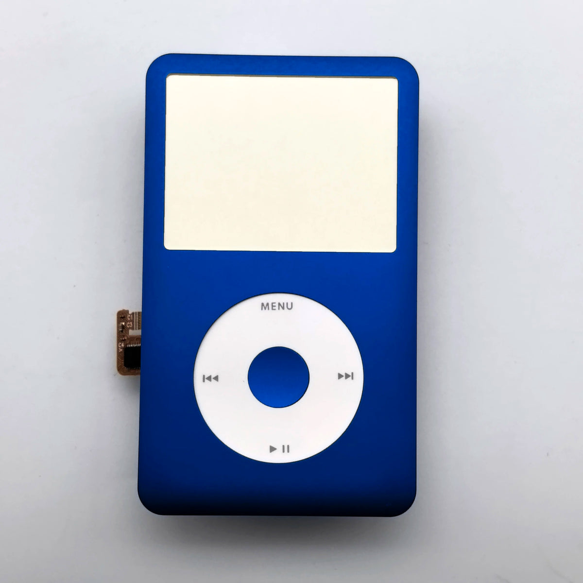 A blue iPod with a replacement kit for the front faceplate and clickwheel.