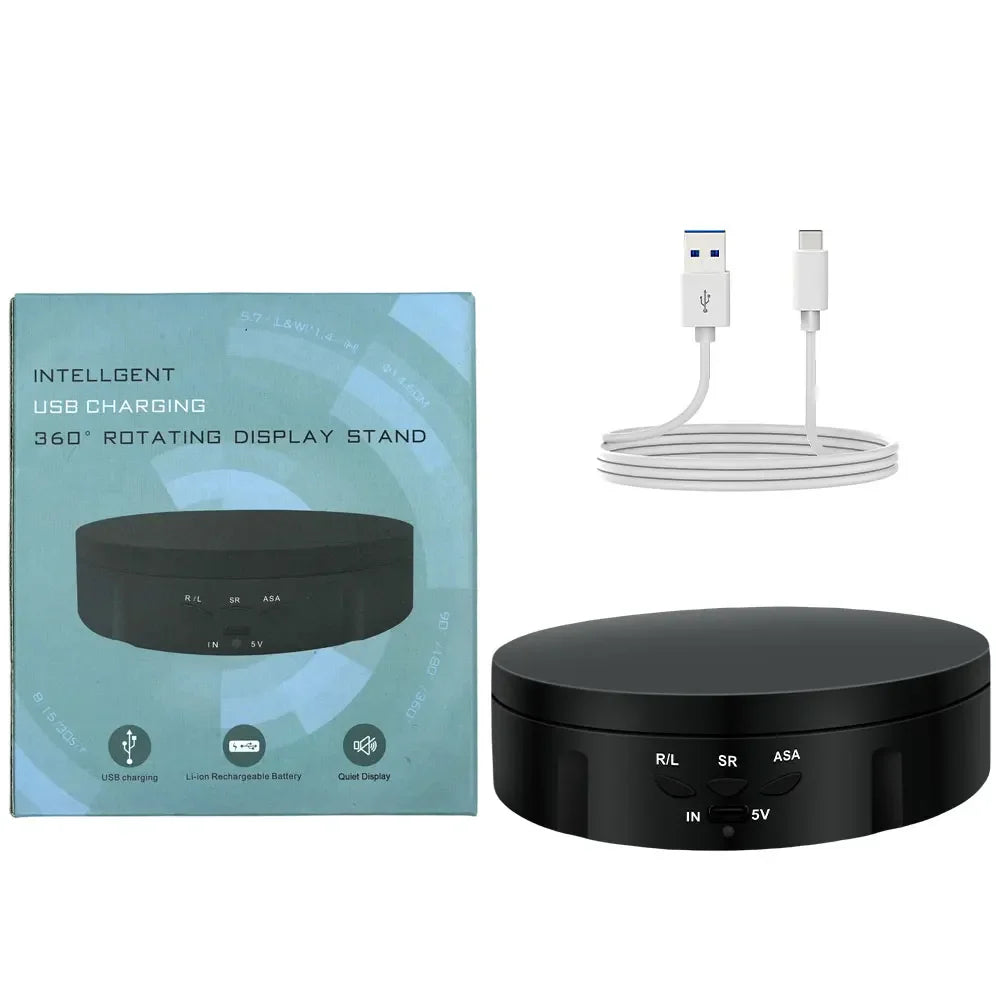 A black 360° rotating display stand for jewelry and items with USB charging capabilities.