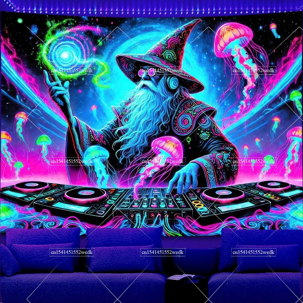 A wizard with a long white beard and a pointed hat is depicted against a vibrant background featuring glowing jellyfish and n