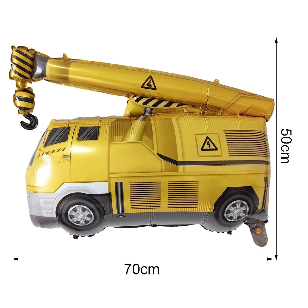 A yellow construction truck foil balloon model with a large yellow crane arm and black and white stripes.