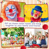 A collage showing a clown face, a child in a clown costume, and various red foam balls for costumes.