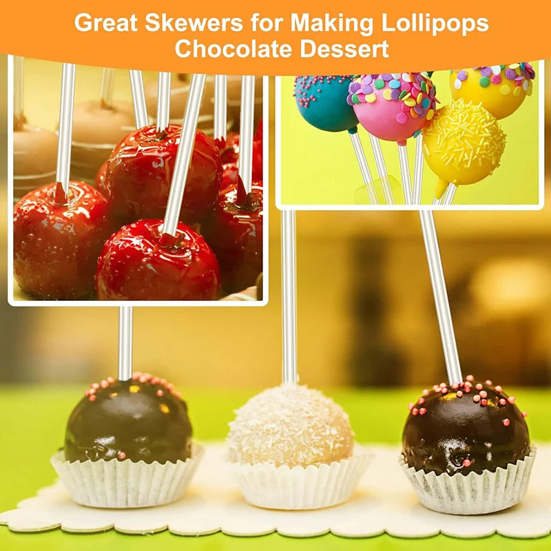 A set of acrylic cake pop sticks used for making lollipops and chocolate dessert skewers.