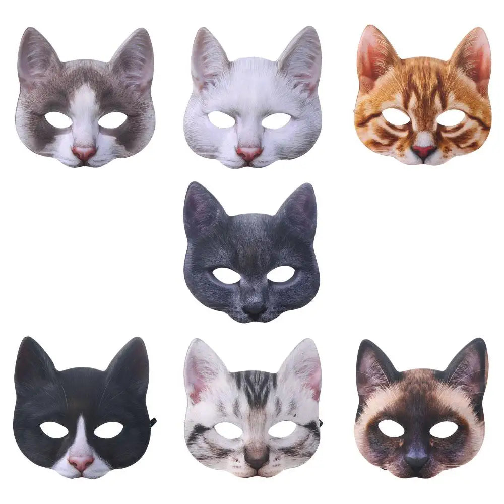 Colección de nueve máscaras de mitad cara de gato peludas en varios colores y patrones para cosplay.