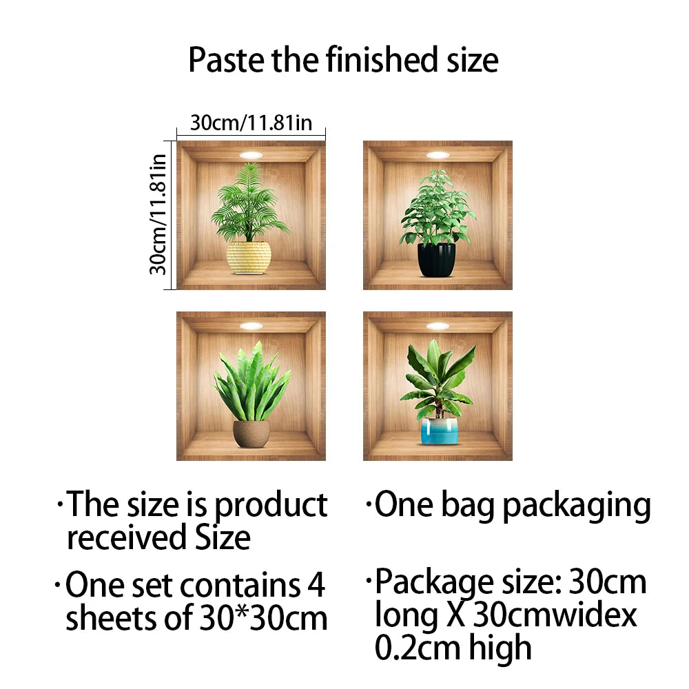 Un jeu de quatre cadres en bois avec des plantes en pot, montrant la taille finale et les détails de l'emballage.