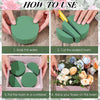Instructions showing how to use round green floral foam blocks for flower arrangements.