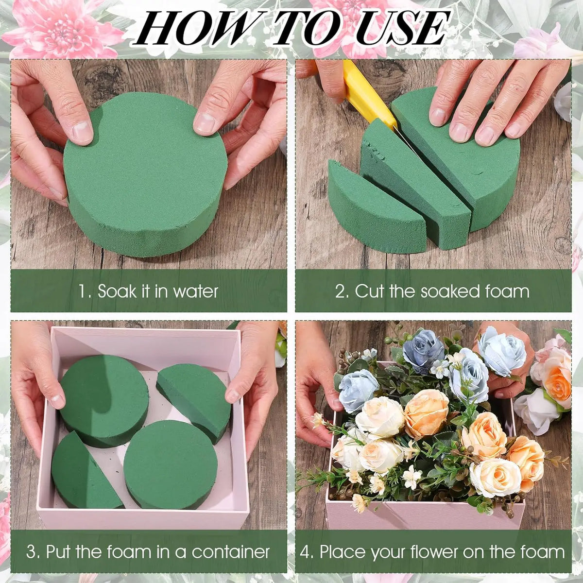 Instructions showing how to use round green floral foam blocks for flower arrangements.