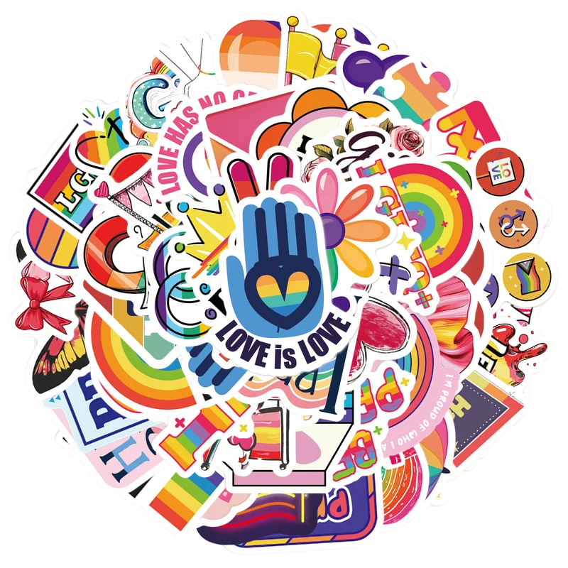 A colorful circular design featuring various rainbow and pride symbols, including text like Love is Love.