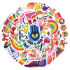 A colorful circular design featuring various rainbow and pride symbols, including text like Love is Love.